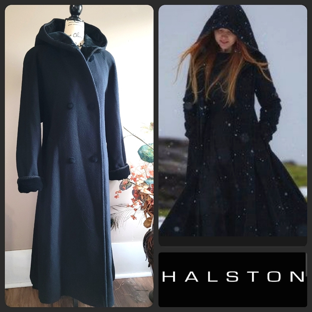 Halston Vtg 90's Hooded Wool Maxi Coat